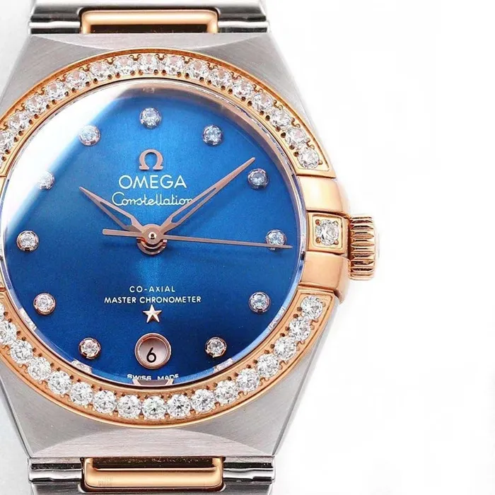 top-tier watch Omega women's blue dial constellation series steel bracelet watch front view