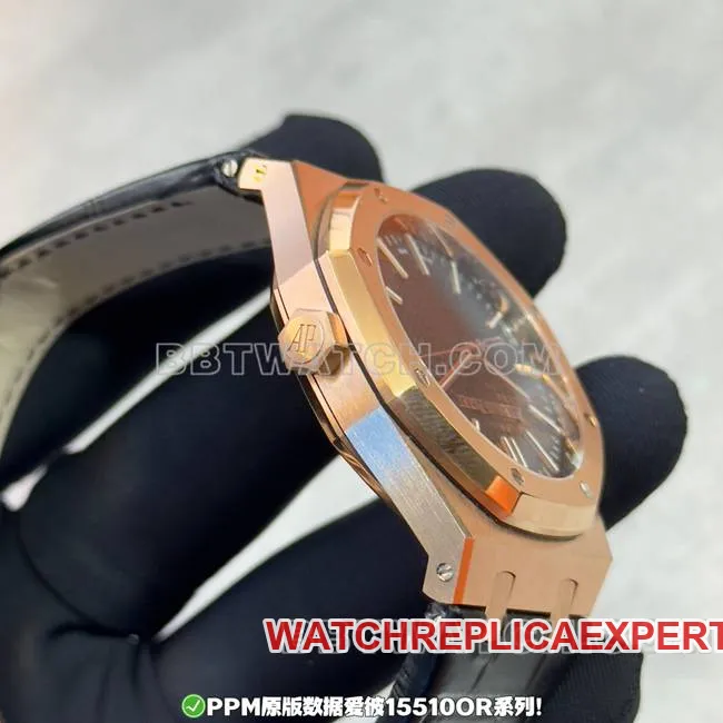 Top watch PPM factory Royal Oak Audemars Piguet black dial rose gold leather strap front actual photo