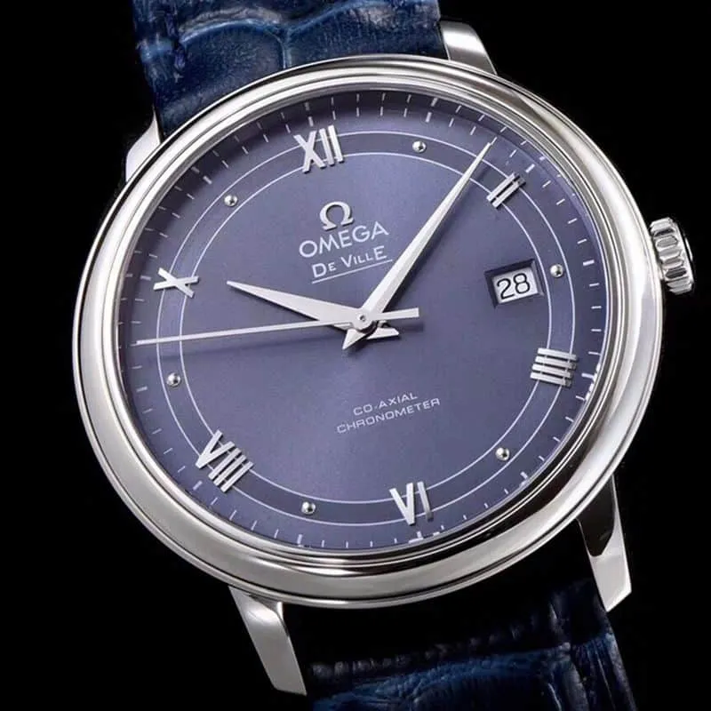 Omegahigh-quality watch disc flying business series men's mechanical ultra-thin watch blue bracelet track butterfly flying blue front view