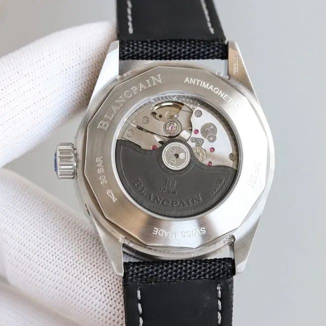 TWBlancpaintop-tier watch fully automatic movement fifty fathoms series men's black dial nylon belt front view