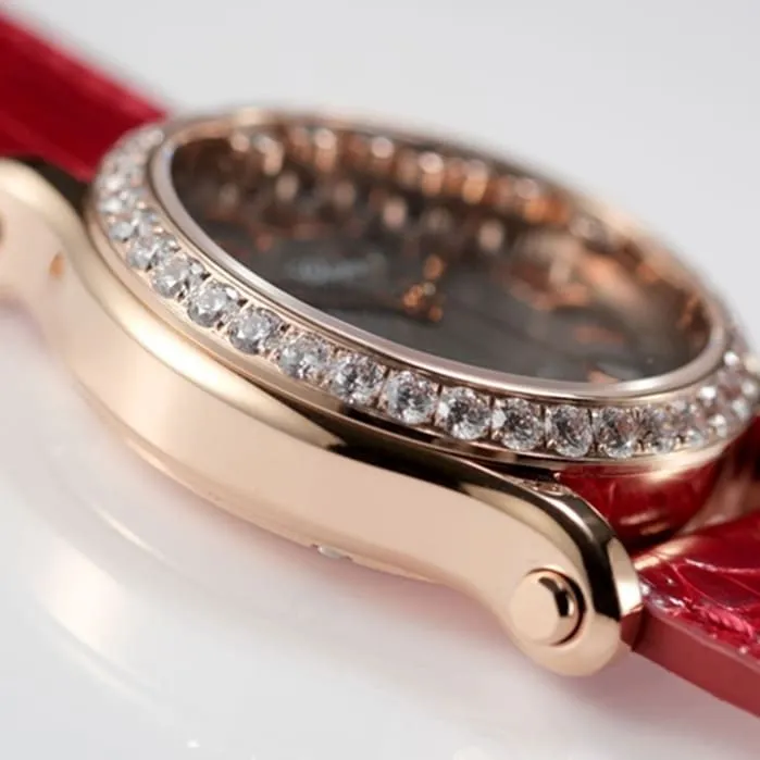 top-tier watch Chopard women's black dial red band happy diamond HAPPY DIAMONDS series mechanical watch front view