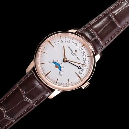 top-tier Vacheron Constantin men's white dial brown belt heritage series leather strap mechanical watch front view