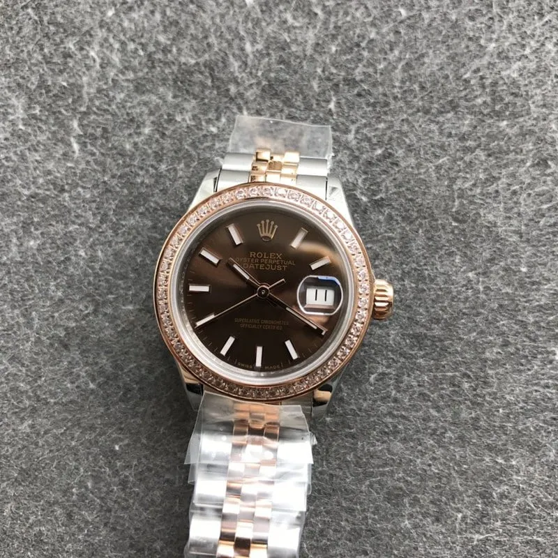 Rolex Datejust ladies watch 28mm mechanical bezel diamond rose gold coffee dial side view
