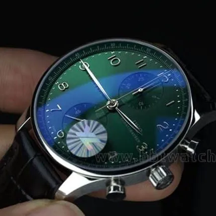 YL factory top-tier watch IWC green Portuguese watch 150th anniversary commemorative model men's green dial black belt full automatic movement see-through bottom leather strap watch front view