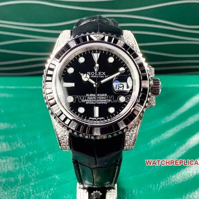 RolexSubmariner1:1super cloneblack dialdiamond bezelleather strap style clasplive photos