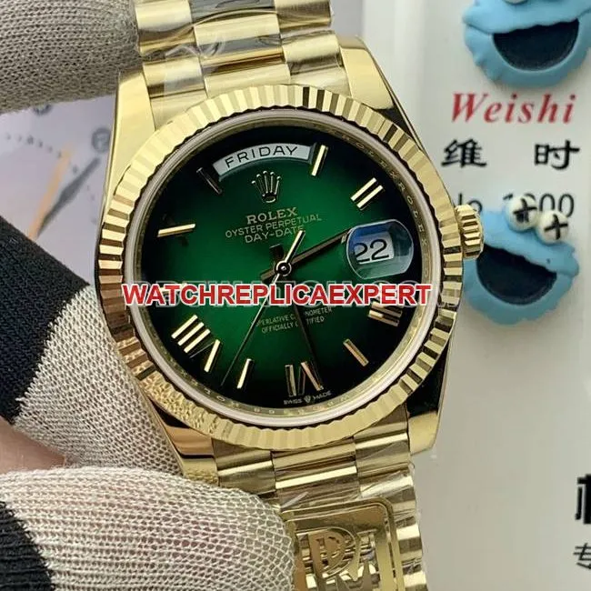 1:1replica watch PPM factory gradient green dial Roman numerals RolexDay-Dateyellow gold mechanical front live photo