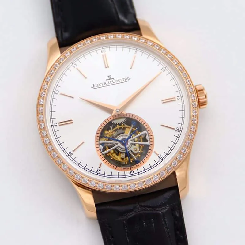 Jaeger-LeCoultre master top-tierhigh-quality watch 1662451 series automatic genuine tourbillon men's diamond gold watch white dial watch front view
