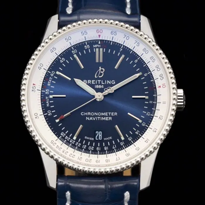 top-tier watch Breitling men's blue dial aviation chronograph1 series steel bracelet watch detail shots