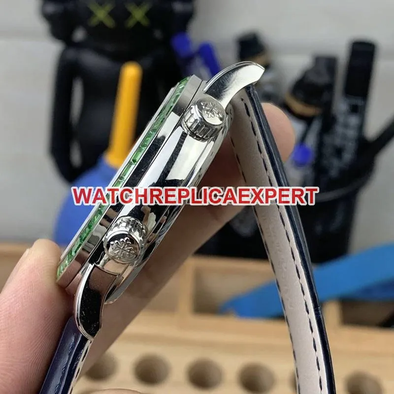 Patek Philippe1:1replica watch 3K Factory super complication timepiece blue dial green diamond bezelleather strap model front live photo