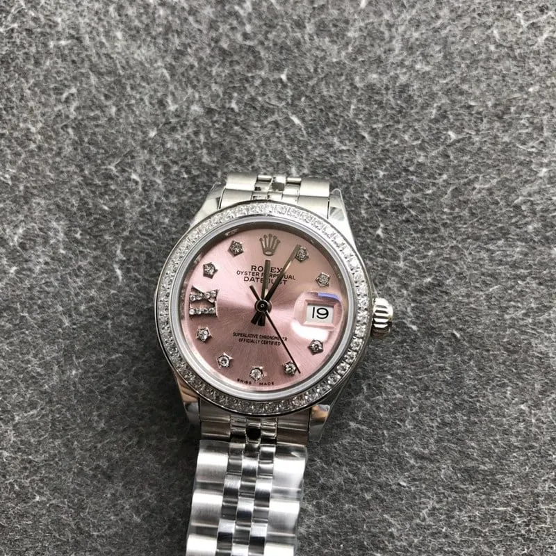 Rolex ladies' watch log 28mm diamond bezel diamond mechanical watch pink dial side view