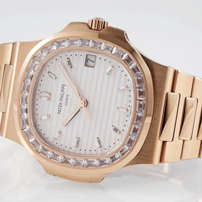 top-tier watch Patek Philippe men's white dialsteel bracelet watch front view