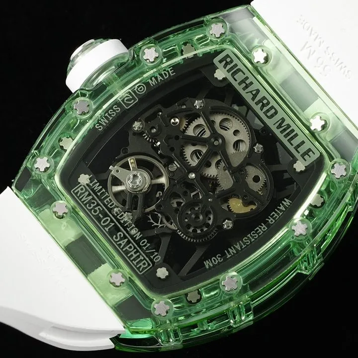 Richard Mille men's top-tier watch green transparent hollow plate rubber model RM35-01front live photo