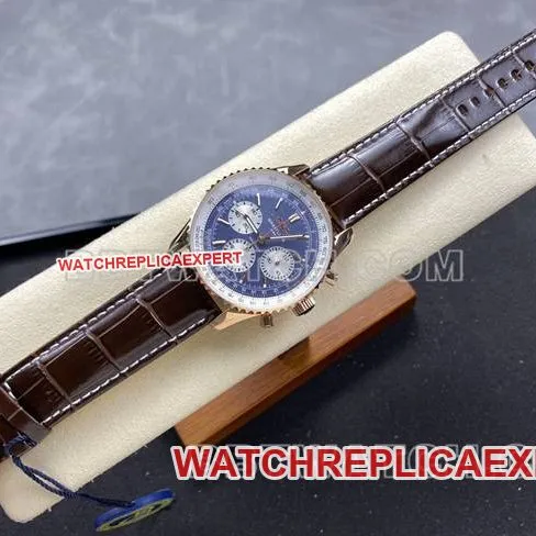 top-tier watch BLS factory blue dialBreitling aviation chronographrose goldleather strap model front live photo
