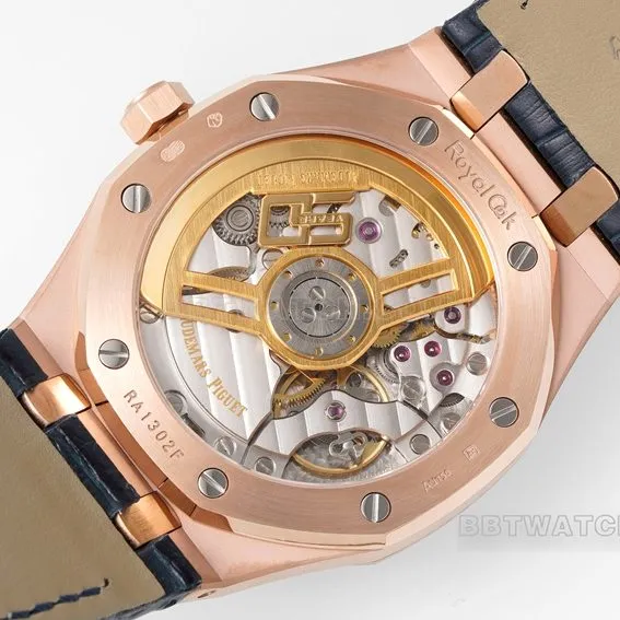 APS factory Audemars PiguetRoyal Oaktop-tier 1:1high-quality replicablue dialrose goldleather strap model 15510OR.OO.D315CR.02front live photo