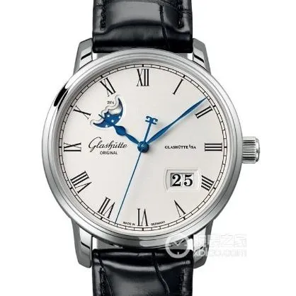 GL factory member Glashütte Original1:1replica watch white dialmoon phaseleather strap model 100-04-32-12-04