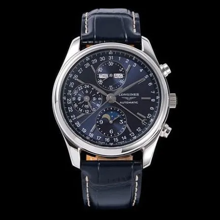 KL factory Longinestop-tier watch famous moon phase series men's blue dial blue belt automatic movementleather strap watch front view