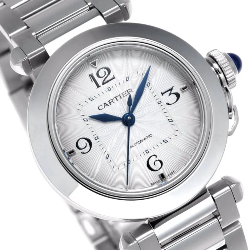 Cartier Pasha series women's automatic mechanical watch, white dial, front view.