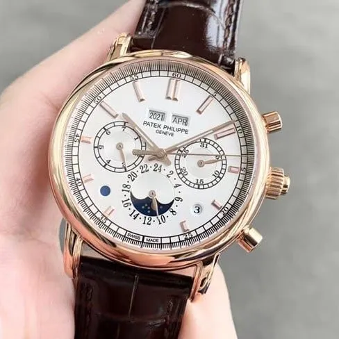 top-tier replicaPatek Philippe watch men's white dial brown belt super complex function chronograph series fully automatic movementleather strap front view