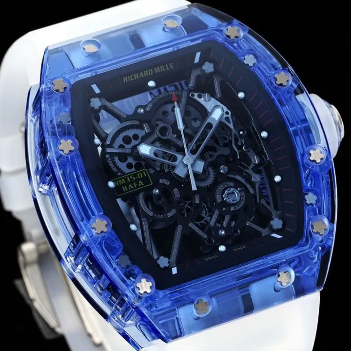 Richard Mille men's top-tier 1:1super watch blue transparent hollow plate rubber model RM35-01front live photo