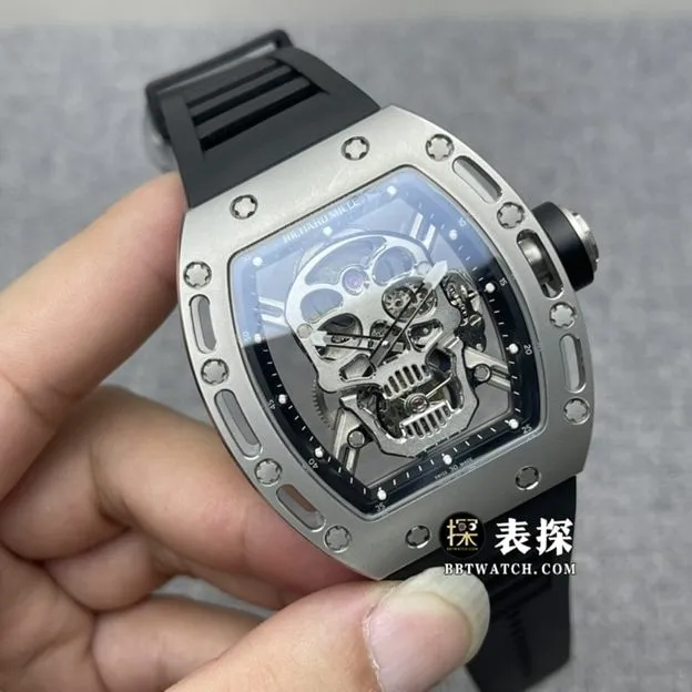JB factory Richard Mille men's RM 52-01 top-tier watch men's skull plate tourbillon rubber model pictures and prices caseback live photo