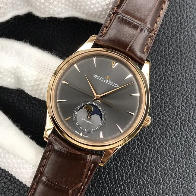 GF Factorytop-tier watch Jaeger-LeCoultreautomatic movement men's black dial brown belt master series leather strap watch front view