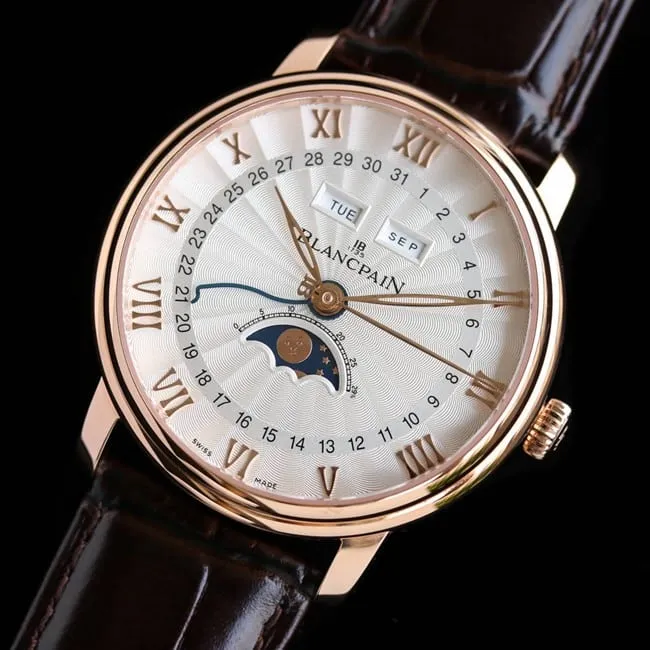 Blancpain top watch classic 6654 moon phase display series men's white dial brown strap watch front view