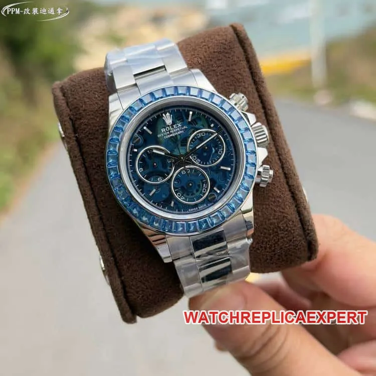 PPMRolexDaytonatop-tier blue hollow dialdiamond bezelsteel bracelet front live photo