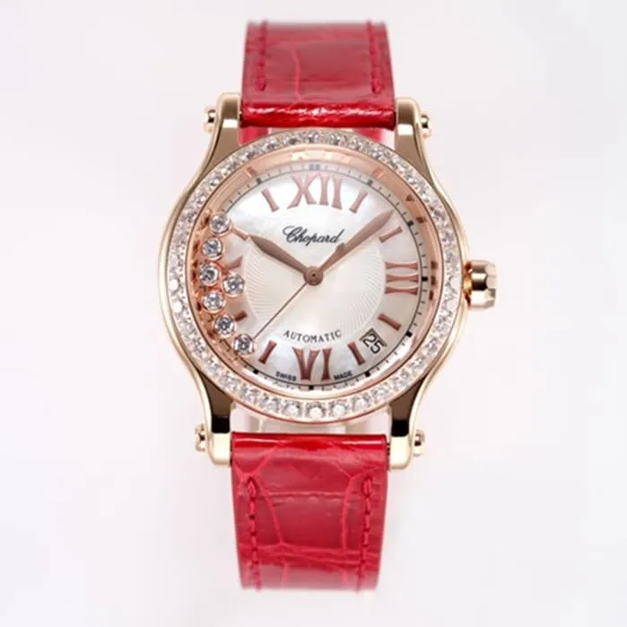 top-tier watch Breitling women's white dial red band happy diamond series mechanical watch front view