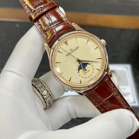 top-tier watch Jaeger-LeCoultre men's white dial brown belt moon phase series automatic movementleather strap watch front view
