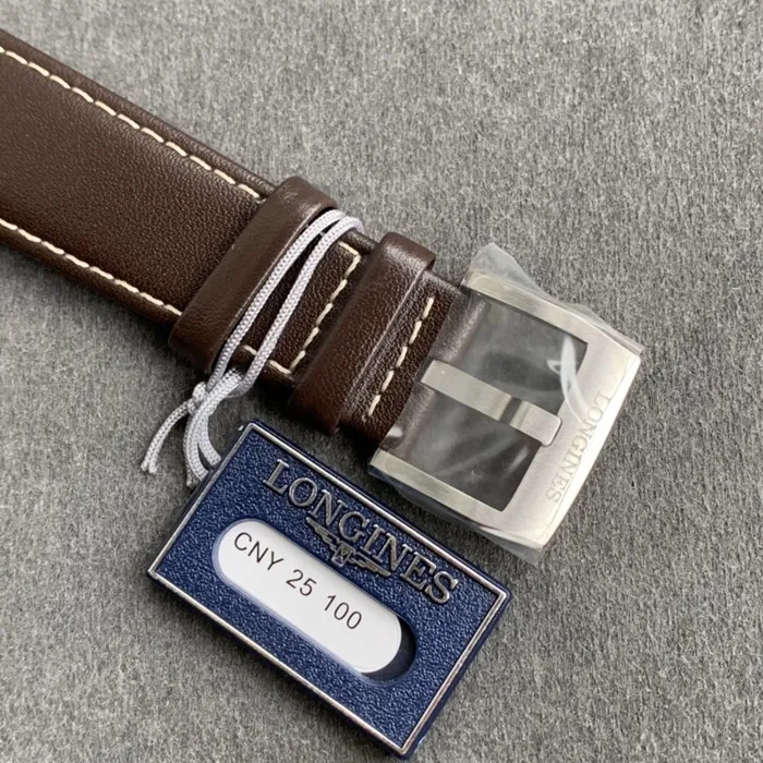 top-tier watch Longines men's black dial pioneer series leather strap watch front view