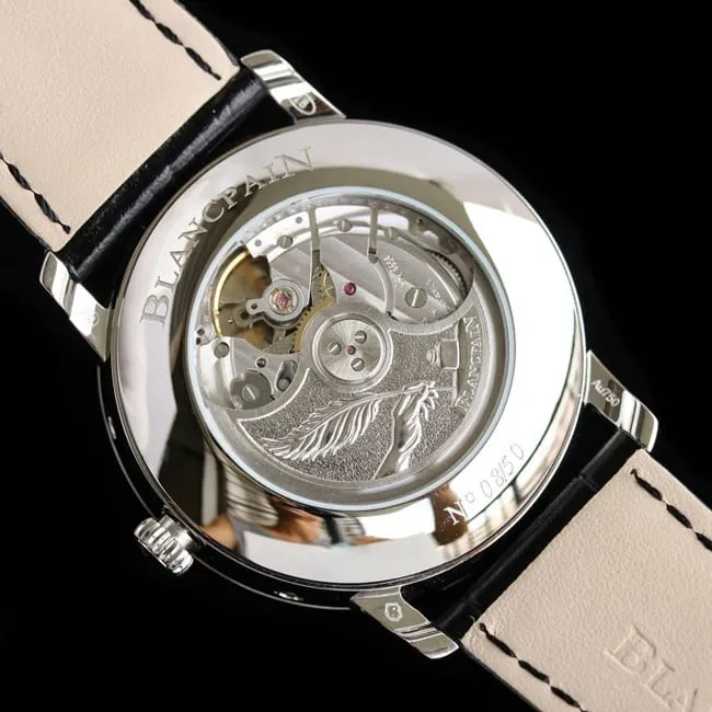 top-tier watch Blancpain men's white dial black belt villeret classic 6654moon phase display series leather strap watch front view
