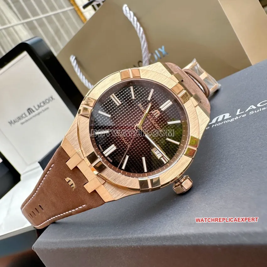 Maurice Lacroix dark brown decorative Paris stud dialleather strap caseback live photo