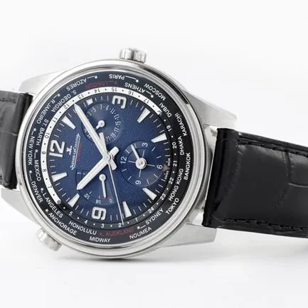 ZF FactoryJaeger-LeCoultretop-tier watch men's blue dial black belt Geographer Q1428421 series disc mechanical leather strap watch front view