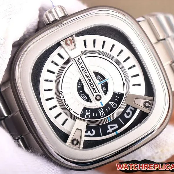 watch seven day display five SEVENFRIDAY/automatic movementmen's watch Swiss steel bracelet large dial white front view