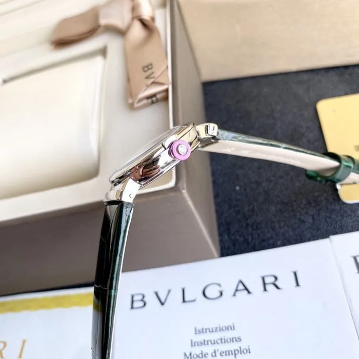 top-tier watch Bvlgari women's blue dial green strap LVCEA series quartzleather strap watch front view