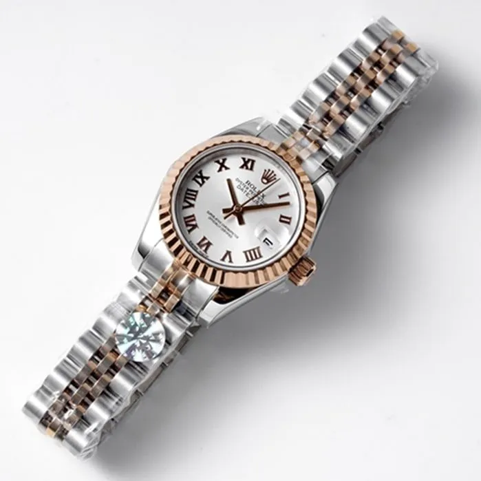 Top-tier watch Rolex women's white dial Date just steel bracelet watch front view