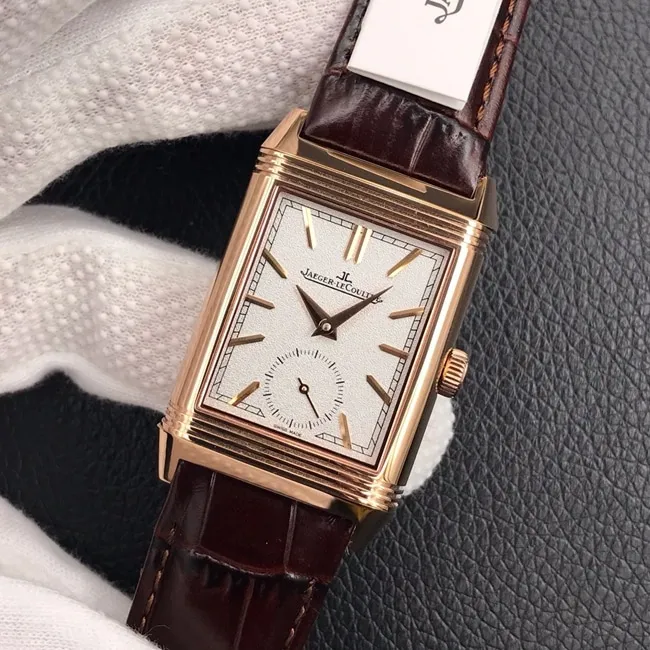 MG factory Jaeger-LeCoultretop-tier watch men's white dial brown belt flip series automatic manual mechanical leather strap watch front view