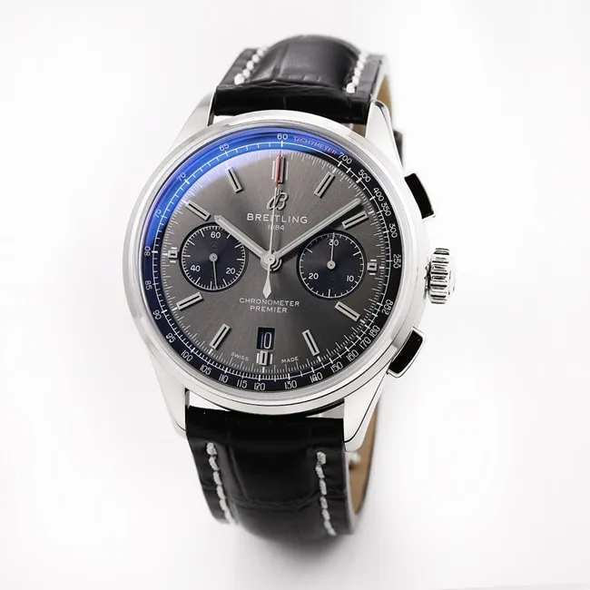 GF FactoryBreitlingtop-tier watch v2 upgraded version automatic movement men's black dial black leather strap watch front view