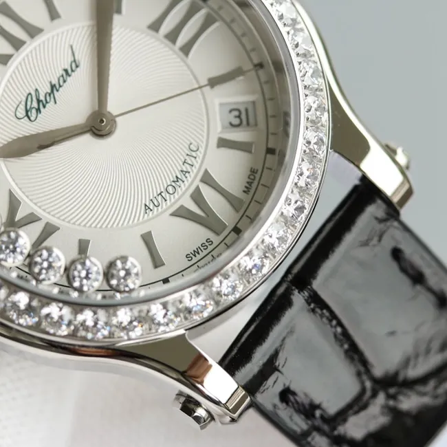 top-tier watch Chopard women's white dial black belt happy diamond HAPPY DIAMONDS series leather strap mechanical watch front view