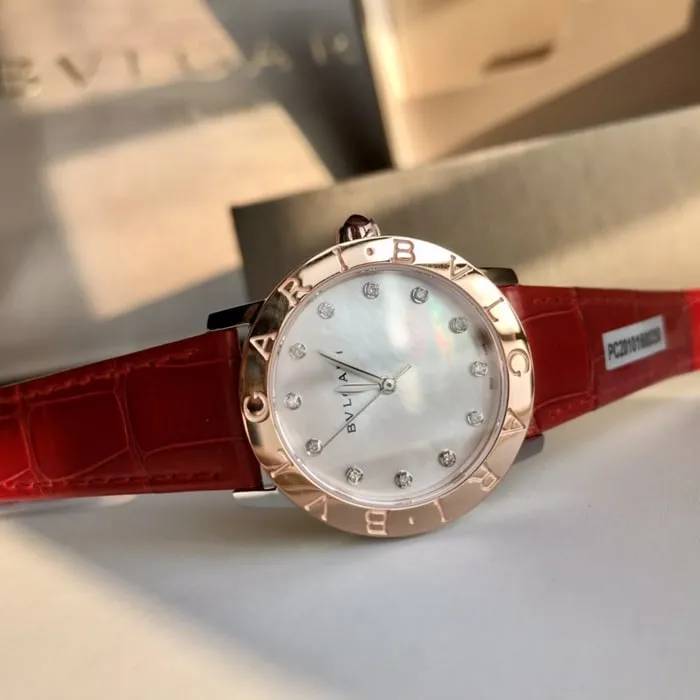 top-tier watch Bvlgari women's white dial automatic movementleather strap watch front view
