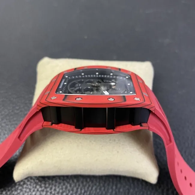JB factory Richard Milletop-tier watch RM52-01 real tourbillon men's black dial red rubber strap skull mechanical watch front view