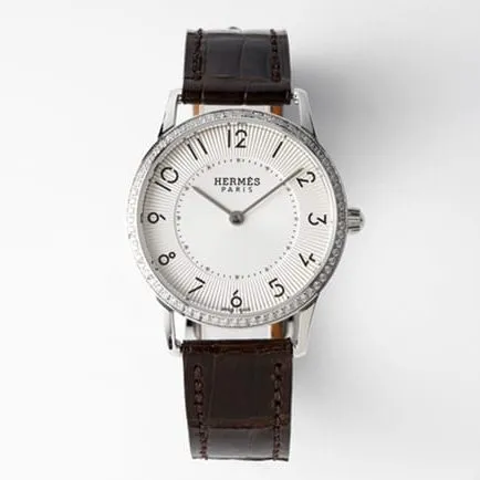 top-tier Hermès women's white dial black belt quartzleather strap watch front view