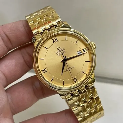 top-tier watch Omega men's gold plate gold steel bracelet Die Fei series 41mm natural real diamond mechanical watch front view