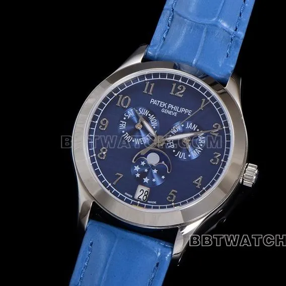 ZP factory Patek Philippe complex function timepiece super cloneblue dial annual calendar leather strap model 4947Gfront live photo