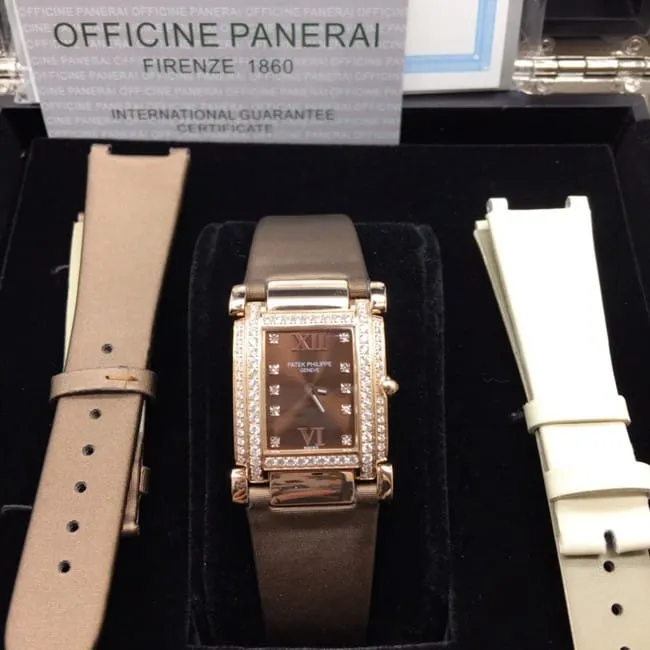 AW factory real diamond replicaPatek Philippe brown plate and brown belt ladies' watch front view