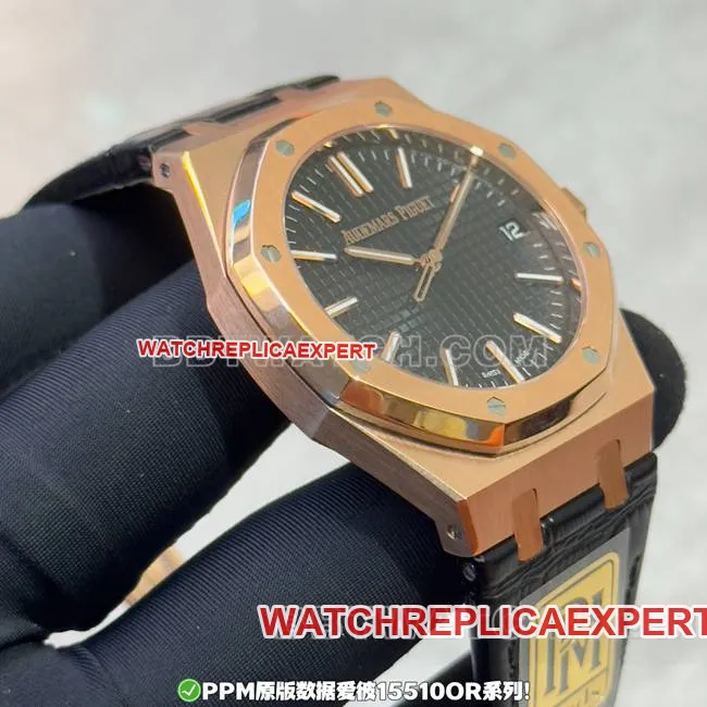 Top watch PPM factory Royal Oak Audemars Piguet black dial rose gold leather strap front actual photo
