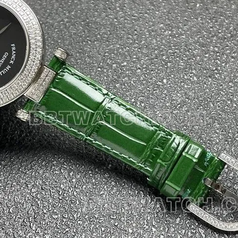 collectible watch frank mill quartz ABF factory black dialdiamond bezel green leather braceletfront live photo