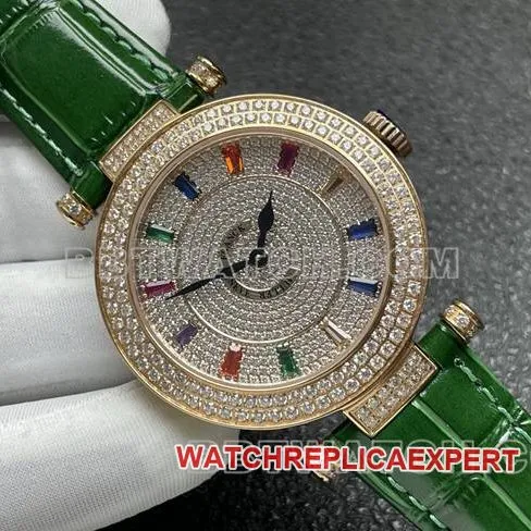Franck Muller quartz collectible watch ABF factory diamond disc gold diamond bezel green leather braceletfront live photo