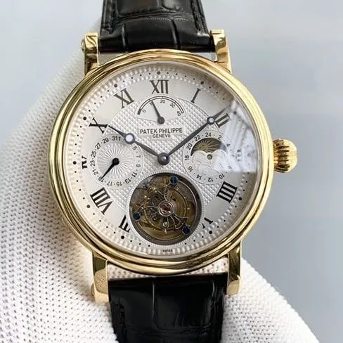 Patek Philippetop-tier watch men's white dial black belt tourbillon automatic complex function series leather strap watch front view