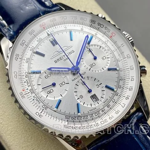 collectible watch BLS factory aviation chronographBreitling silver white dial blue leather strap model front live photo
